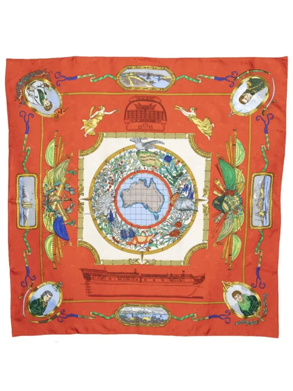 Hermes Scarf Red Gold Beige 100% Jacquard Silk